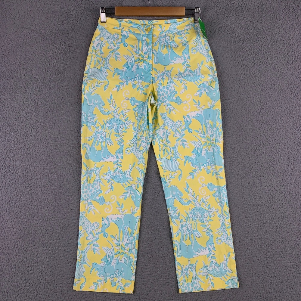 Lilly Pulitzer Kelly Ankle Pants Womens 2 Yellow Blue Jungle Utopia Animal Print